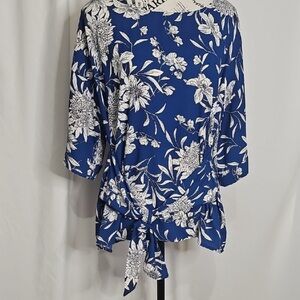 West Kei Blue and White Tie Front Blouse - L
